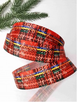 Лента репсовая с рисунком "Новогодняя клетка" 2,5см (красный)